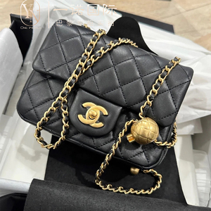 chanel香奈儿限量女包小金球方胖子羊皮黑色菱格金扣单肩斜挎包