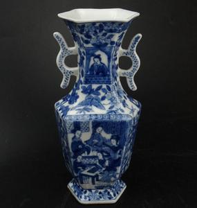 清代青花人物故事六方双耳海棠瓶 精品花瓶10475#古玩瓷器收藏