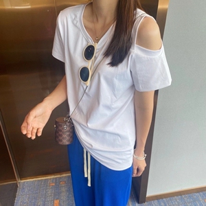 yimier依米儿新款 7131#单侧露肩抽绳设计短袖t恤女 0322y