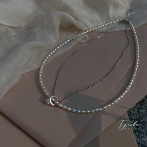 Tyusha双层叠链天然珍珠S925纯银小众设计感锁骨链戒指吊坠项链女