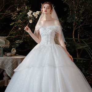 轻主婚纱2020新款新娘气质一字肩齐地简约森系星空超仙梦幻香槟色