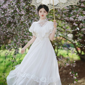 仙气超仙森系露背白色连衣裙法式长裙拼接网纱雪纺甜美仙女公主裙