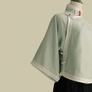 大小姐润玉绿倒大袖天丝棉上衣小清新撞色民国少女旗袍复古