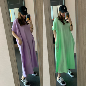 现货韩国2024夏季新款女装洋气果绿色口袋拖地长T恤式连衣裙