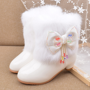 女童公主靴冬季儿童鞋韩版加绒中筒靴学生高跟靴走秀表演出白冬靴