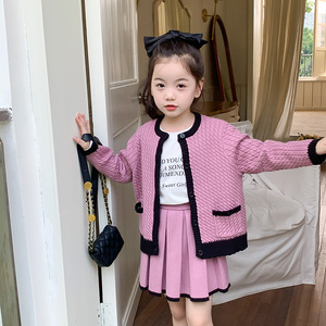 艾摩贝贝女童毛衣套装儿童韩版撞色针织外套+百褶裙两件套