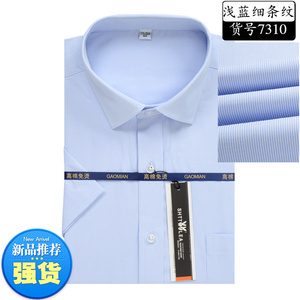 男士短袖白底蓝色细条纹职业衬衫银行职员方领条纹工装大码衬衣