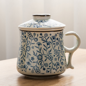 釉下彩日式茶水分离陶瓷内胆杯子过滤茶具茶隔杯带盖茶杯套装水杯