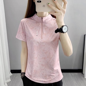 印花速干短袖女立领t恤夏季透气弹力健身快干衣户外运动徒步半袖