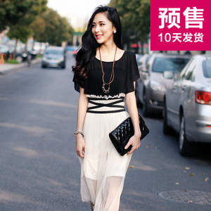 2013新款品质女装夏季韩版雪纺修身短袖夏装长裙…