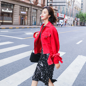 【双11狂欢价】牛仔外套女装春秋季韩版宽松短款红色夹克