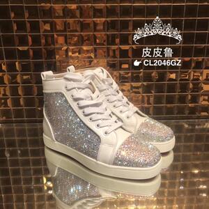 CL钻鞋男铆钉鞋女白皮彩钻系带高帮鞋20-gz女鞋红底运动休闲板鞋