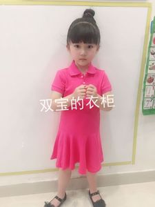 出口美单夏季女宝宝玫红藏蓝色百褶公主裙子女童POLO款短袖连衣裙