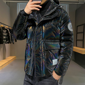 00杨雪梅5279淘宝炫彩反光变色格子羽绒服男加肥大码潮牌胖子宽松