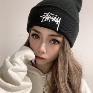 stussy耐克联名斯图西欧美潮牌百搭冷帽男大头围针织毛线帽子女潮