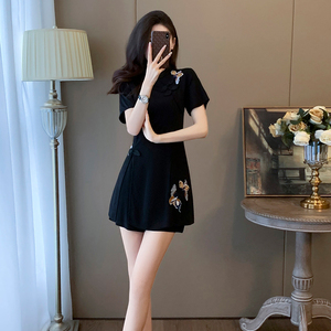 拉夏贝尔国风高端精致黑色连衣裙女夏季2024新款设计感裤裙两件套