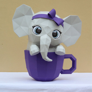 欧美创意3d卡通动漫在杯子中小象 立体纸模儿童房摆件diy手工材料