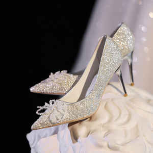 kaka原创水晶鞋婚鞋秀禾婚纱两穿新娘鞋高跟鞋女香槟色高级感法式