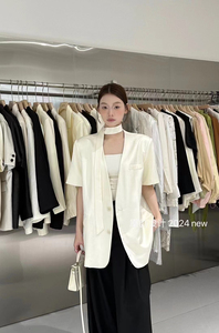 韩国2024春夏季新款韩版宽松显瘦无领短袖休闲气质飘带西装外套女