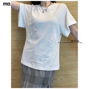 专柜MACQNF正品MQ21837A爆款个性拼接洋气简约宽松短袖白色t恤女