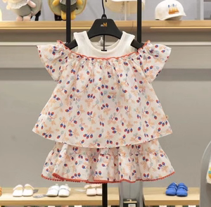 韩版中小童装 小云朵2023夏款小雨伞 女童宝草莓露肩短袖半裙套装