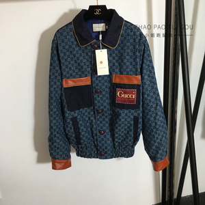 gucci/古驰 22早春明星款时尚单排扣拼皮口袋双g提花长袖牛仔外套