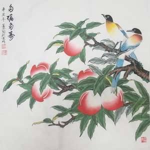 拍卖纯手绘四尺斗方寿桃子国画中式工笔客厅玄关餐厅装饰挂画礼物