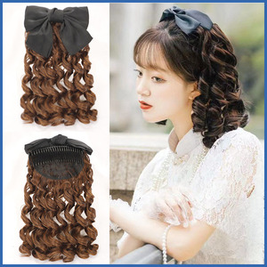 旗袍造型油条马尾假发女插梳式蝴蝶结lolita马尾民国风长卷发马尾