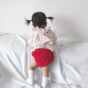 现货韩国婴儿衣服进口童装春女童樱桃孩子娃娃领长袖衬衫短裤套装