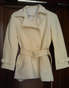 包邮日本原单外贸女童白色系带修身百分百羊毛料大衣外套冬装