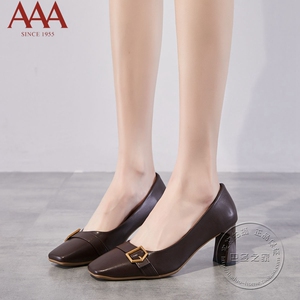 双皇冠店aaa女鞋pu皮鞋金属方扣皮带扣方头浅口高跟鞋粗跟单鞋