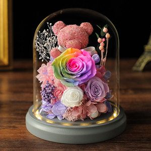 520情人节苔藓永生花小熊真花表白玫瑰玻璃罩摆件送女友生日礼物