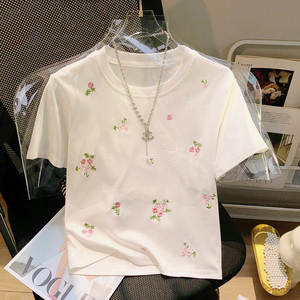 2024夏季新款韩版甜美小清新花朵刺绣白色短袖t恤女减龄圆领上衣