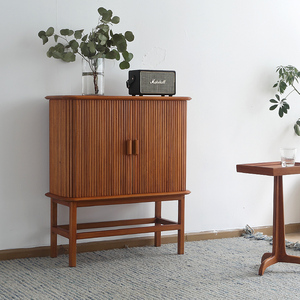 忆朴客厅边柜酒柜轻复古实木黄杨木卷帘门墙边柜玄关北欧中古家具