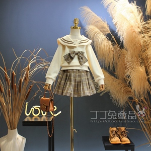欧美女童装秋季学院风蝴蝶结格子套装韩版中大童时尚洋气可爱套裙