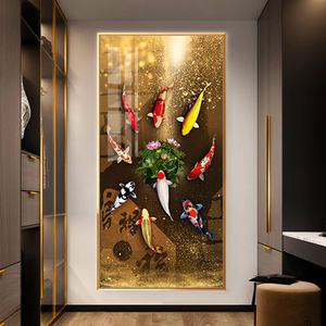 九鱼图装饰画新中式入户玄关挂画轻奢晶瓷金色镇宅招财过道竖版画