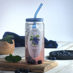 蓝莓玻璃吸管杯带盖可乐易拉罐玻璃杯耐高温创意大容量喝水杯子