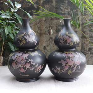 云南建水紫陶花器 黑陶花瓶 杨庆祥大师手制精美葫芦瓶 福禄