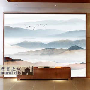 新中式水墨山水画背景墙壁纸抽象大雁飞鸟意境客厅影视墙壁画布