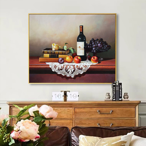 美式手绘油画简约苹果静物餐厅欧式装饰轻奢葡萄水果法式挂画红酒