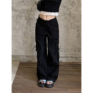 红人馆黑色工装裤女夏季2024新款显瘦美式阔腿裤时尚洋气休闲裤子