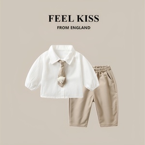 英国Feel kiss男童装春秋季休闲洋气时髦领带衬衫纯色长裤两件套