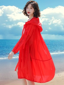 日本JULIPET 防晒衣女士红色风衣外套中长款2023透气夏季薄防晒服