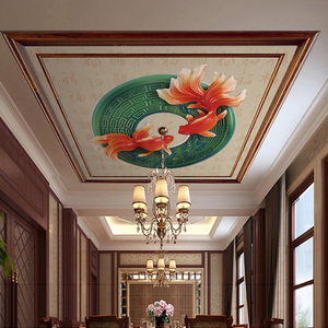 新中式鲤鱼昆仑玉天花吊顶背景墙纸过道天顶百福壁纸定制无缝壁画