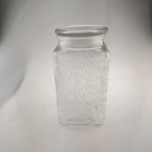 1100ml方罐海棠花玻璃罐浮雕密封瓶储物罐五谷杂粮 竹盖相思木盖