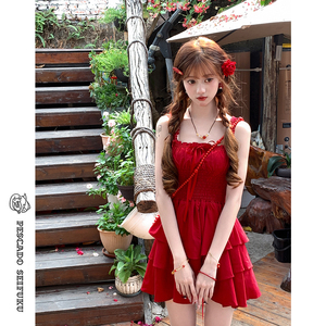 咸鱼衣橱 红色吊带连衣裙女夏季甜美小个子蛋糕裙富家千金小红裙