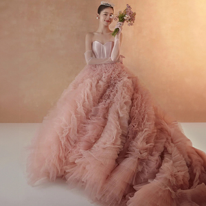 2024展会新款影楼主题摄影服装室内韩式彩纱拍照唯美抹胸粉色婚纱