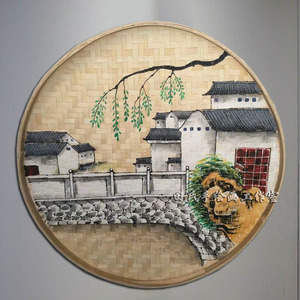 手绘竹筛簸箕画农家乐装饰竹编制品墙上墙壁挂饰墙面圆形挂件田园