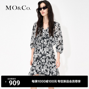 【凉感抗菌】MOCO桑蚕丝混纺法式碎花连衣裙气质黑白裙子女