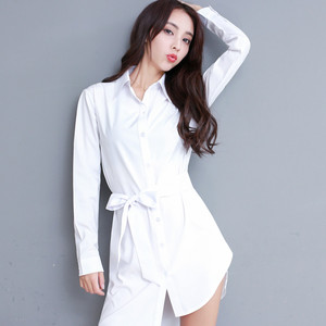 白衬衫女长袖中长款韩范bf风性感睡衣不规则系腰带宽松显瘦衬衫裙
